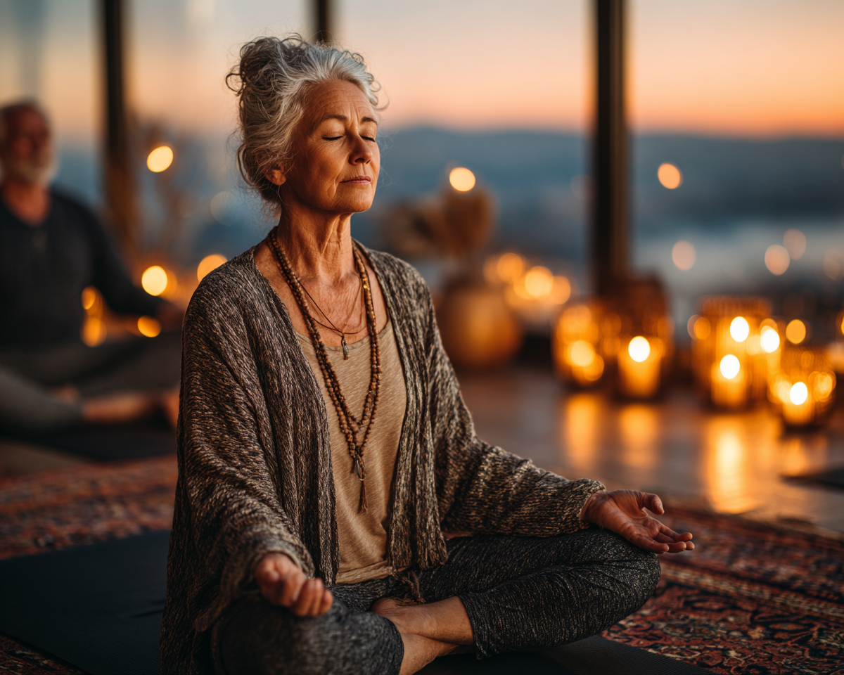 Старша жінка виконує йогу на природі